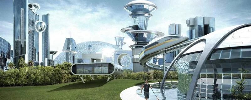 A futuristic city behind a green park, with an elevated monorail and a paddleboarder on a narrow waterway.