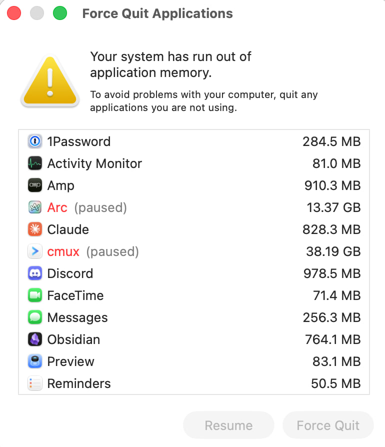 A macOS Force Quit Applications dialog warning that the system has run out of memory. Arc is using 13.37 GB and cmux is using 38.19 GB.